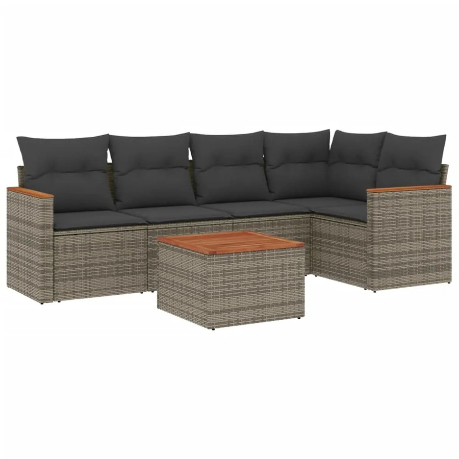 vidaXL 6-teilige Garten-Sofagarnitur aus Poly-Rattan und Akazienholz in Grau mit Kissen - Bild 2