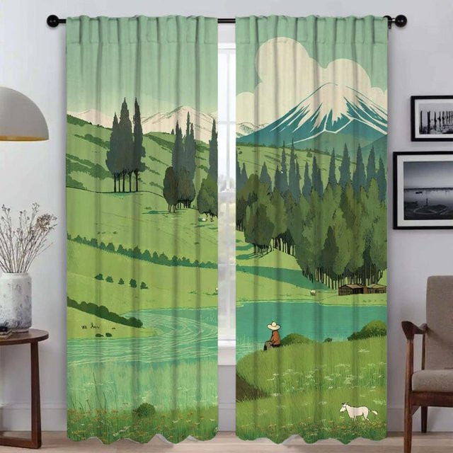 Moderne halbtransparente Vorhänge in Grasland-Farbtönen für Wohnzimmer und Küche, 2er-Set, Grün/Mehrfarbig, Breite: 50 cm, Höhe: 70 cm - Bild 1
