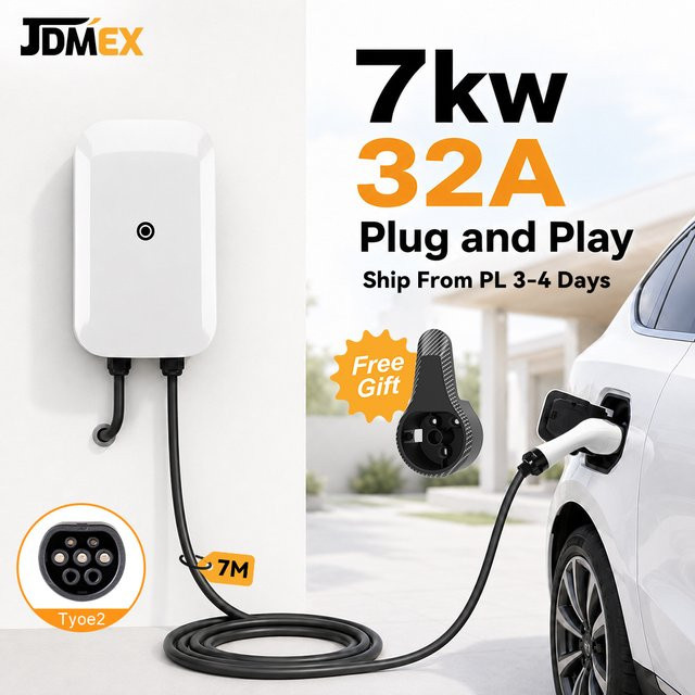 JDMEX Typ2 EV-Ladestation 7KW mit 7m Kabel, IEC62196-2 32A 1-Phasen Elektroauto-Ladestation Plug-and-Play Wallbox, Weiß - Bild 1