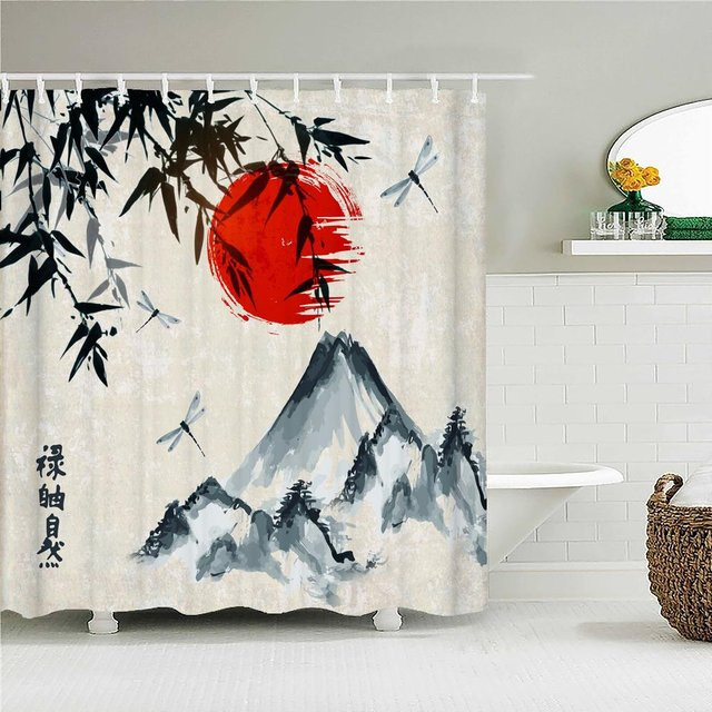 Wasserdichter Duschvorhang aus Polyestergewebe mit Samurai-Landschaft und Wellen-Design in Multicolour, Breite: 180 cm, Höhe: 180 cm - Bild 1