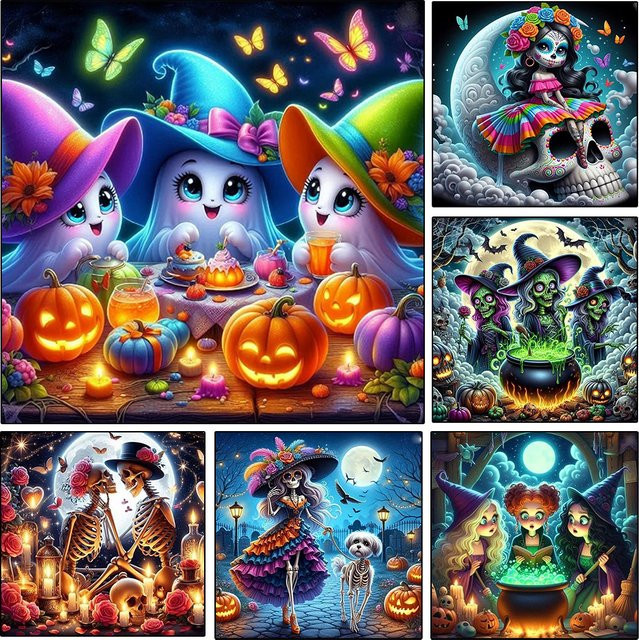 Potdemiel 5D Diamantgemälde Halloween Motiv mit niedlichem Geist und Wasser, Mosaik-Stickerei Set in Multicolour, Breite: 20 cm, Höhe: 20 cm - Bild 1