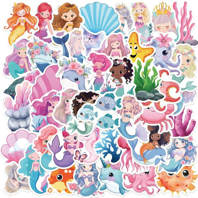 Kidsly Cartoon Meerestier Meerjungfrau Aufkleber, 50-teiliges Set, multicolour - Bild 1