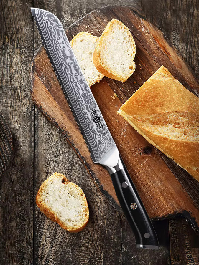 YIZEMA Brotmesser aus 67-lagigem Damaszener Stahl, 8 Zoll gezahntes Profi-Küchenmesser in Schwarz - Bild 6