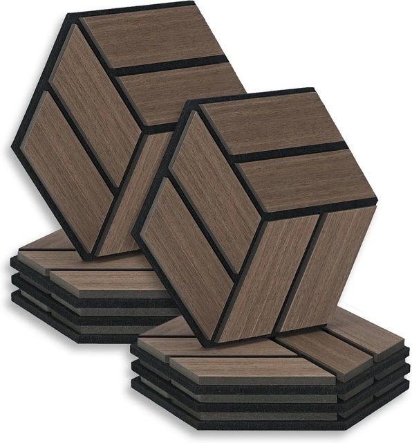 Homestyle4u Akustikpaneele Hexagon Wandpaneele aus Holz und Filz, Braun, 8 Stück, B: 30 cm, H: 26 cm - Bild 1