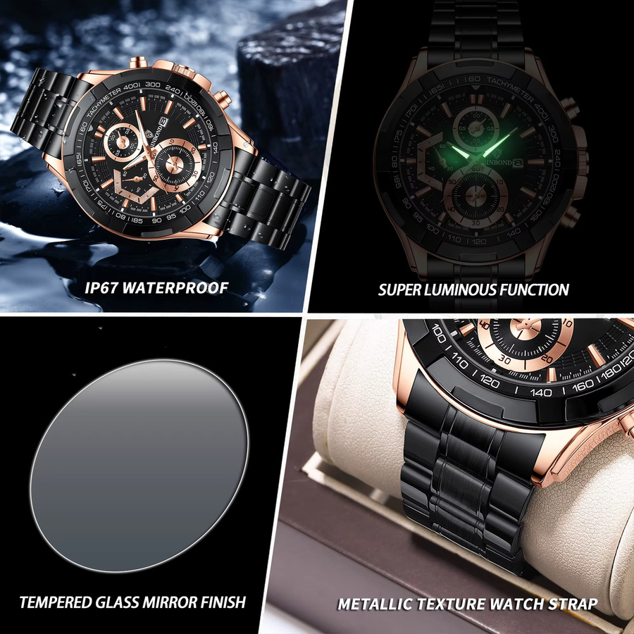 BINBOND Armbanduhr Edelstahl, Quarz, Schwarz, Herren - Bild 6