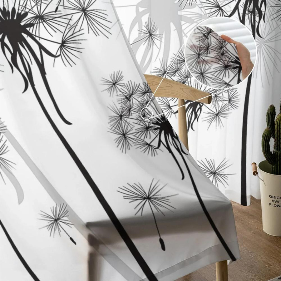 Yiran Furniture Transparentes Voile-Fenstervorhang mit Löwenzahn-Motiv in Schwarz-Weiß, Breite: 135 cm, Höhe: 115 cm - Bild 1