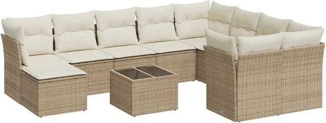 vidaXL 11-teilige Garten-Sofagarnitur in L-Form aus Poly-Rattan mit Kissen in Beige-Creme - Bild 1