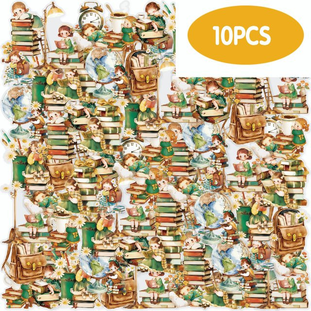 Etori Life Adventure in the Study Aufkleber Set mit Retro-Lesemädchen-Motiv im Wald-Stil, 10 Stück, Multicolor - Bild 1