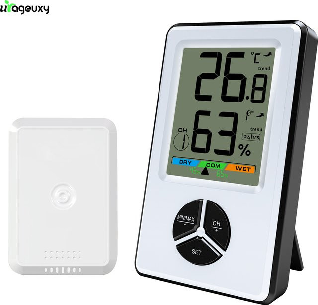 Urageuxy Kabelloses Innen- und Außenthermometer mit Hygrometer und Hintergrundbeleuchtung, 8 Sensoren, Weiß - Bild 1