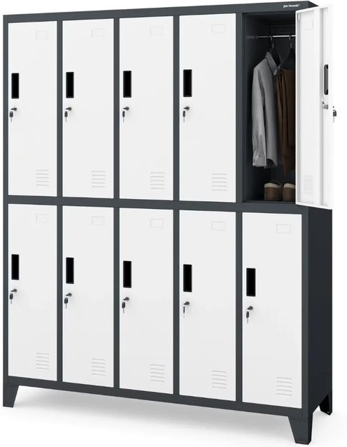 DELUKE Umkleideschrank Spind mit 10 Abteilen aus Metall in Anthrazit-Weiß, H: 172 cm, B: 136 cm, T: 45 cm - Bild 1