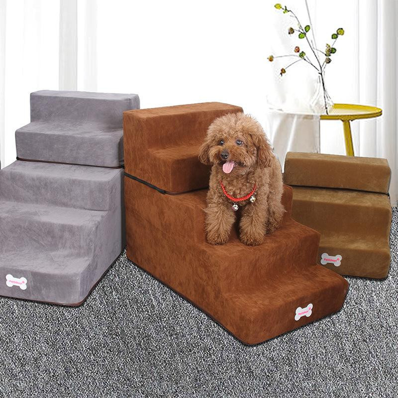 Rutschfeste Hundetreppe von Yiran Furniture mit 2 bis 3 Stufen aus Wildleder-Stoff in Braun, Breite: 30 cm, Tiefe: 30 cm - Bild 4