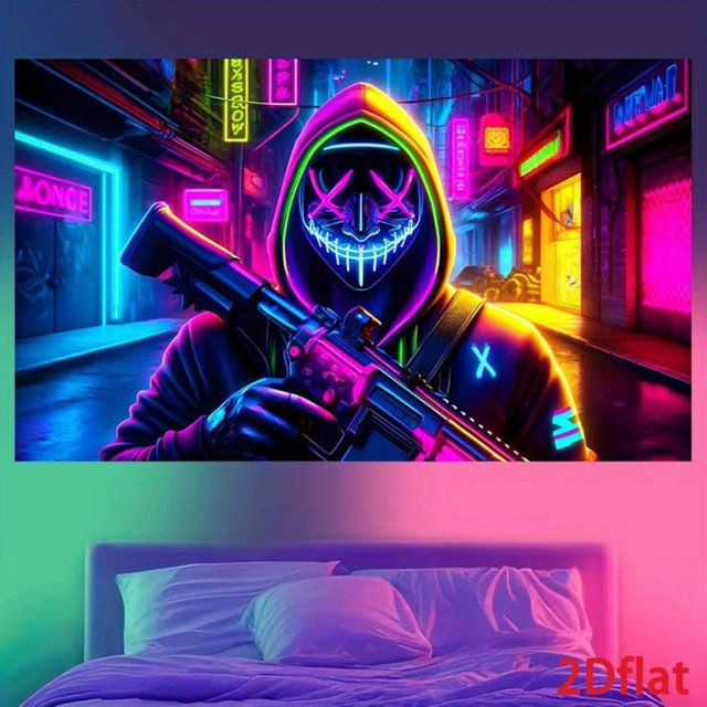 VIKAMA Wandteppich Cyberpunk Straßenszene in Lila und Blau, Neon-Design für E-Sport-Räume, B/H: 60 x 40 cm - Bild 1
