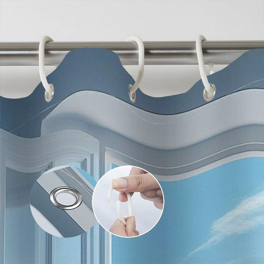 VIKAMA Duschvorhang mit Meerblick-Motiv in Weiß und Blau, wasserdicht, B/H: 90 x 180 cm - Bild 3