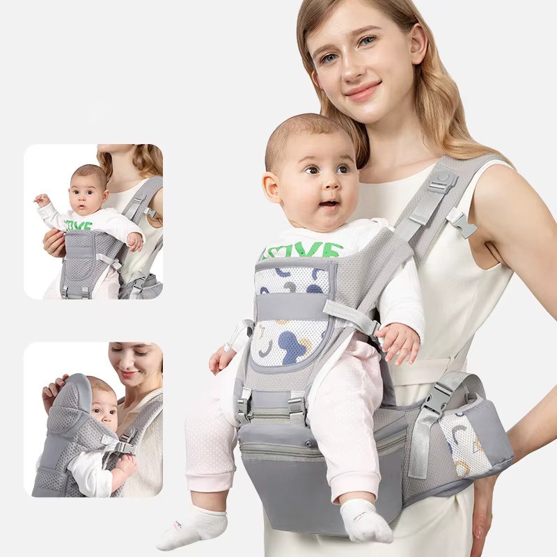 Ergonomische Babytrage mit Hüftsitz für Neugeborene und Säuglinge als Rückentrage oder Känguru für vorne in Blau und Grau - Bild 3
