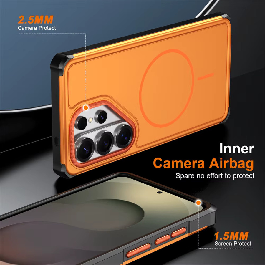 Xeber Armor Schutzhülle mit MagSafe-Magnetfunktion für Samsung Galaxy S26 Ultra S25 Edge S24 S23 Plus S24 FE in Silber und Orange - Bild 5