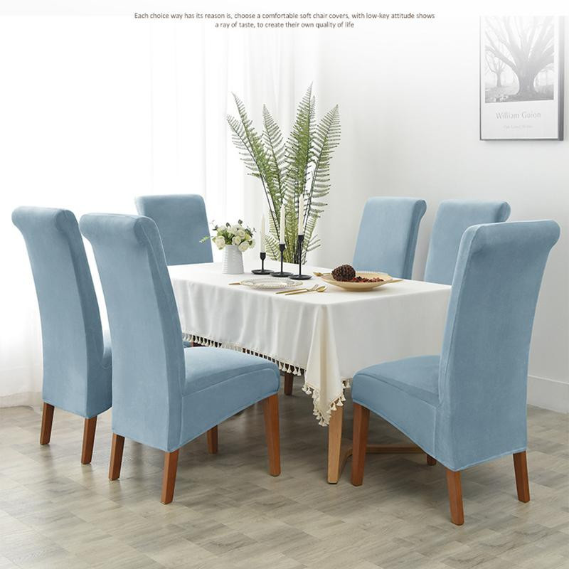 Stuhlbezug mit hoher Rückenlehne in Hellblau aus Samtstoff und Stretch-Material für Esszimmer und Bankette - Bild 2