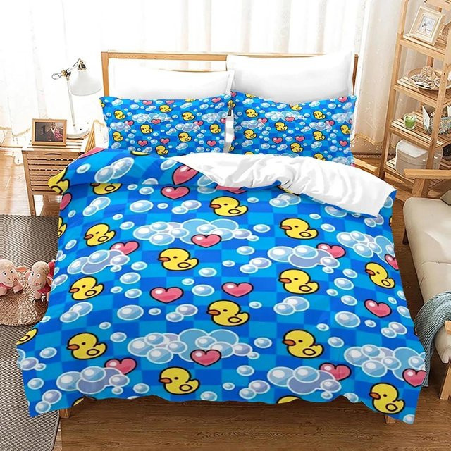 Bettwäsche Set mit 3D Gelbe Ente Motiv von Binchi Outdoor Product in Gelb und Blau, bestehend aus Bettbezug und Kissenbezug aus Mikrofaser, B/H: 264 x 228 cm - Bild 1