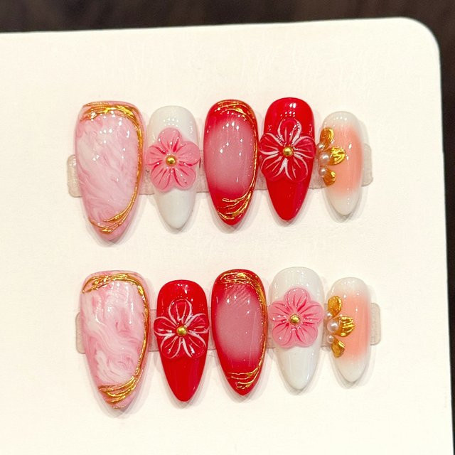 YADORNOS Künstliche Nägel, rot-rosa Farbverlauf, glänzend, 10 Stück - Bild 1
