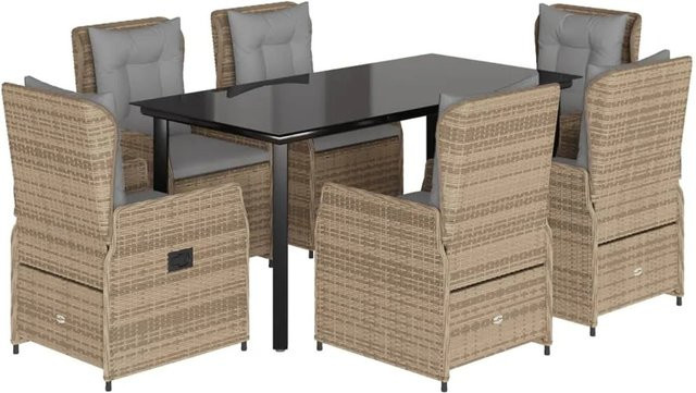 vidaXL 7-teilige Garten-Essgruppe aus Poly Rattan in Beige mit Kissen und Glastisch - Bild 1