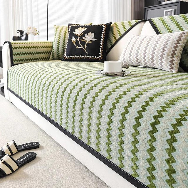 Rutschfestes Chenille Sofahandtuch mit Wellenlinie in Grün, Couchbezug für dein Sofa, Breite: 70 cm, Breite: 70 cm - Bild 1