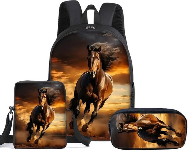 3er Set Schultaschen mit Umhängetasche und Federmäppchen im Pferd-Design für Jungen und Mädchen, mehrfarbig - Bild 1