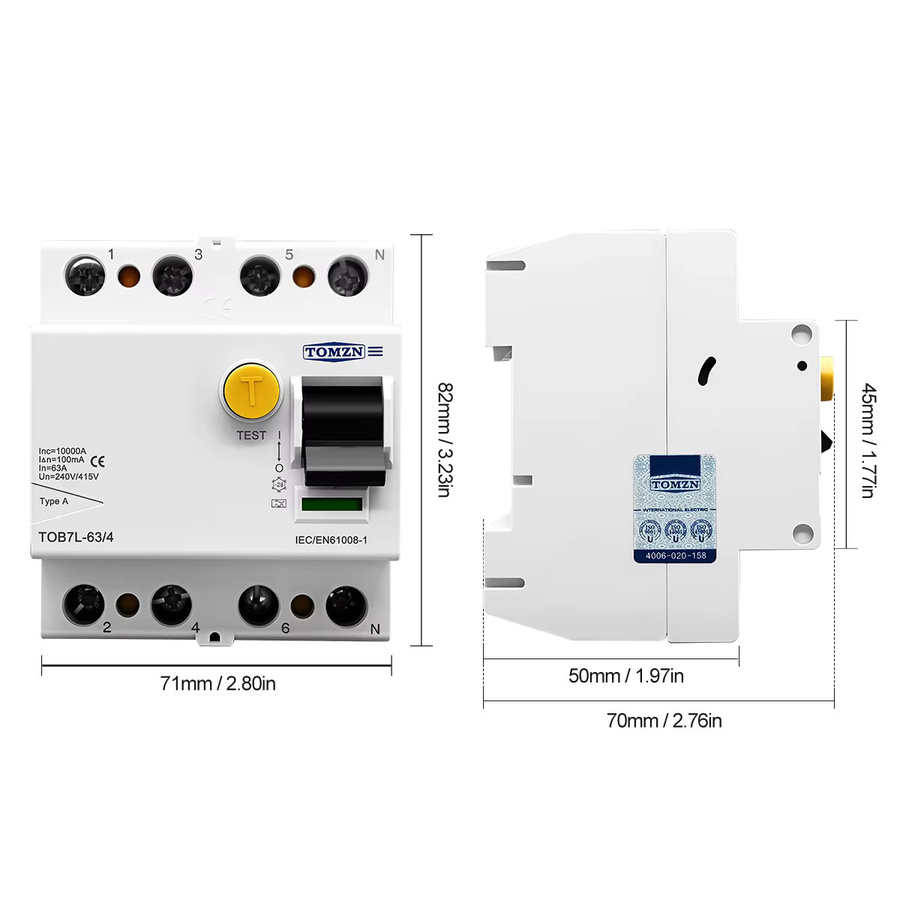 Tomzn Fehlerstromschutzschalter RCCB Typ A/AC/B/F für DIN-Schienen, 240V/415V, 30-300mA, 40-63A, Weiß - Bild 3