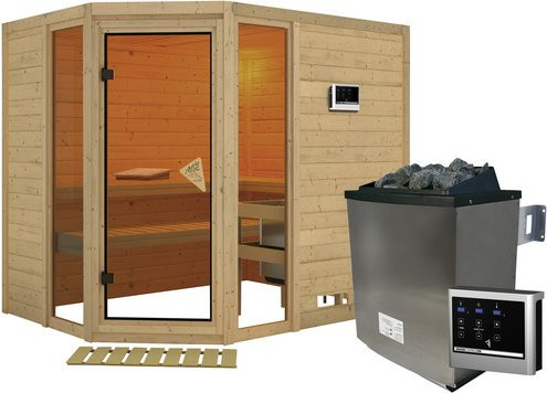 Karibu Sauna Kohila 3 aus Fichtenholz in Beige inklusive 9 kW Saunaofen mit externer Steuerung für 4 Personen, B/T/H: 236 x 184 x 209 cm - Bild 1