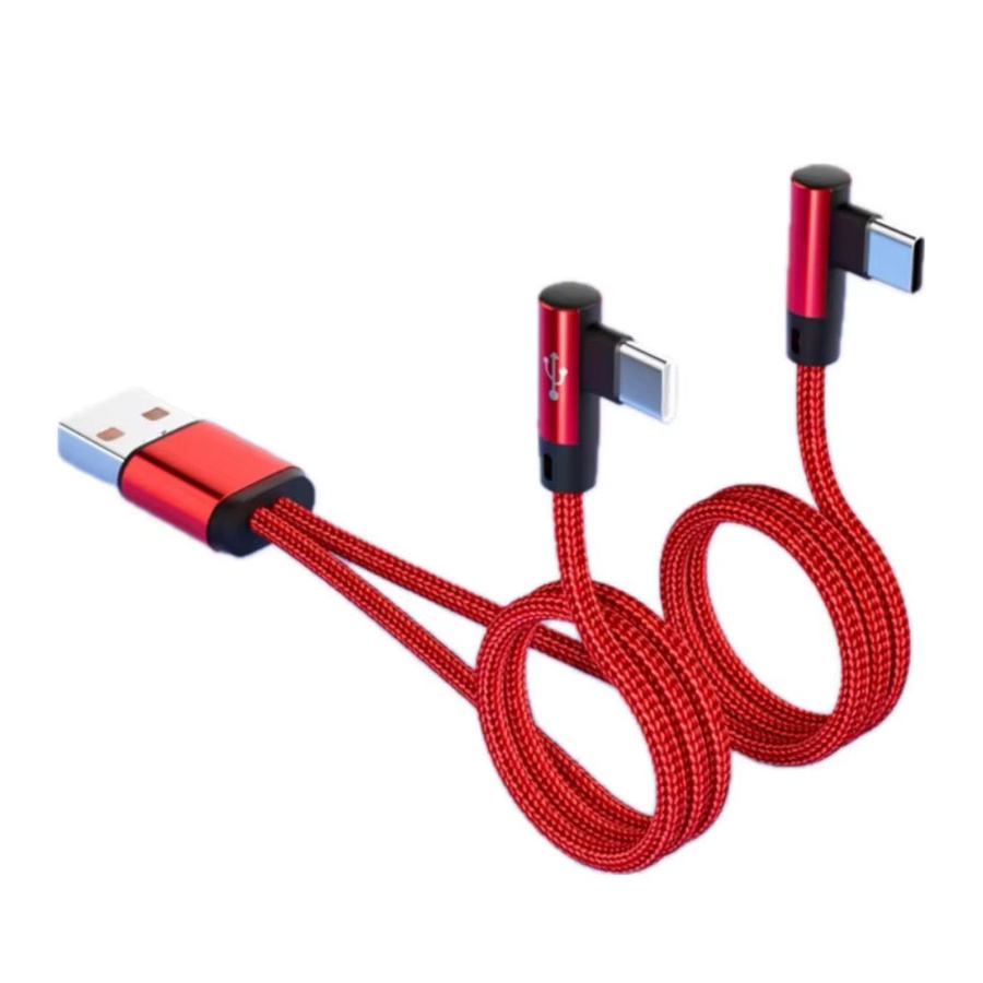 2 in 1 USB-C Lade-Splitter Kabel mit Ellenbogen-Stecker für schnelles Laden und Datenübertragung, Farbe: Rot, Länge: 1,2 m - Bild 2