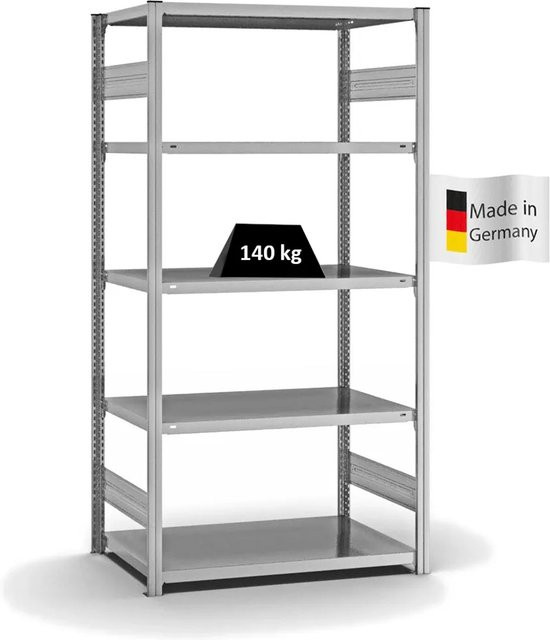 PROREGAL Fachbodenregal Stecksystem T-Profil Light-Duty, verzinkt, Farbe: Silber, H x B x T: 200 x 100 x 60 cm, 5 Ebenen, Fachlast 140 kg, beidseitig nutzbar - Bild 1