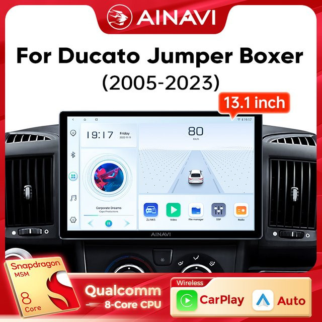 Ainavi Multimedia Player mit 13,1 Zoll Display für Fiat Ducato, Citroen Jumper, Peugeot Boxer und Dodge Ram 2500 mit Carplay, Android Auto und 4G Unterstützung in Schwarz - Bild 1