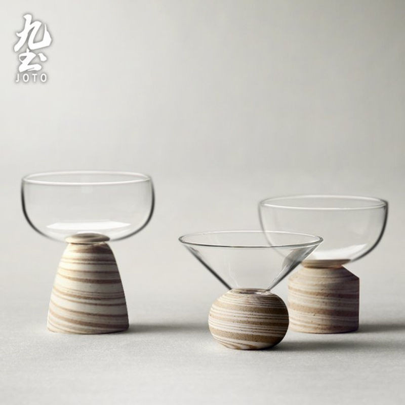 JOTO Glas-Teetassen-Set mit Holzsockel, handgefertigte transparente Teetassen, 3er-Set, rund und minimalistisch, Farbe: transparent - Bild 1