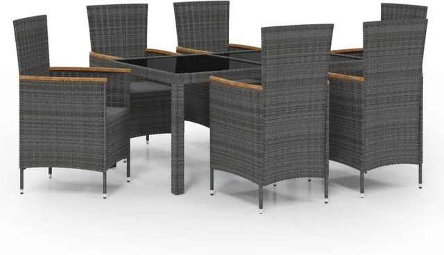 vidaXL 7-tlg Garten-Essgruppe aus Poly Rattan mit Auflagen in Schwarz und Grau - Bild 1