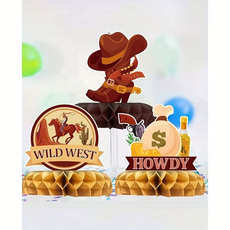 OURFETE Wild-West Cowboy Waben-Tischdekoration in Multicolor mit Cowboyhut, Kaktus und Stierschädel für deine Party - Bild 3