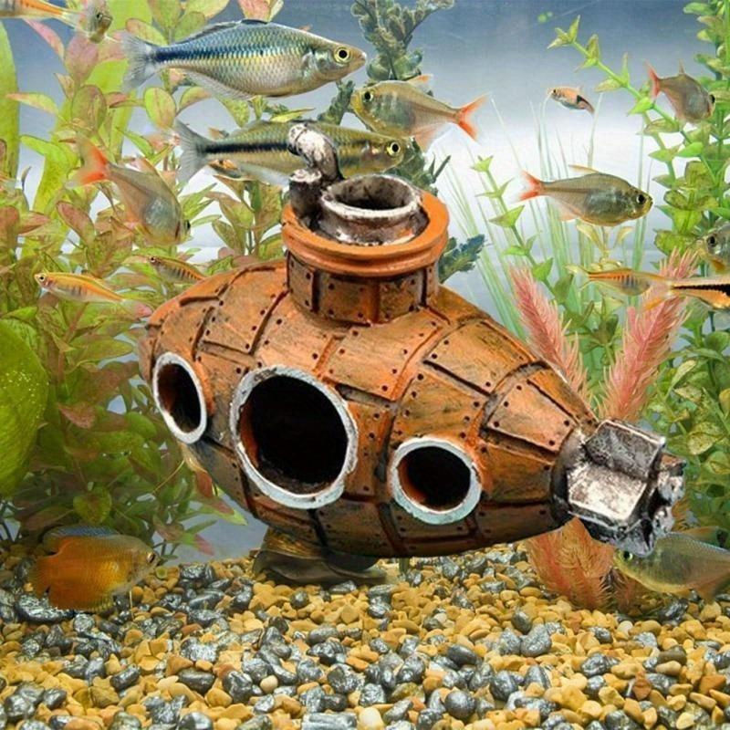 NATAWA U-Boot Aquarium Dekoration aus Kunstharz in Bronze und Gold als Unterschlupf für Fische und Garnelen - Bild 2