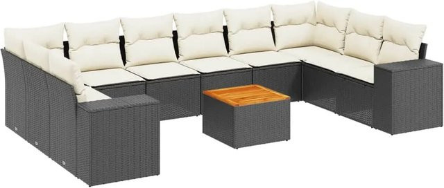 vidaXL 11-teilige Garten-Sofagarnitur aus Poly-Rattan und Akazienholz in Schwarz mit Kissen - Bild 1
