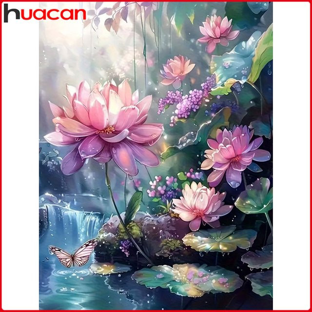 Huacan 5D-Diamantgemälde Lotus-Wasserfall Blumenlandschaft zum Selbermachen, Multicolor, B/H: 30 x 20 cm - Bild 1