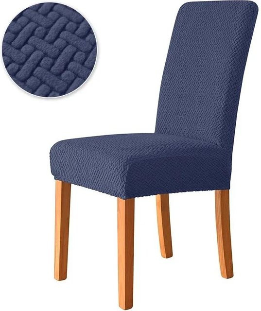 Jacquard Esszimmerstuhlbezug in Blau, elastische Stretch Stuhlhusse für Esszimmerstühle in Universalgröße - Bild 1