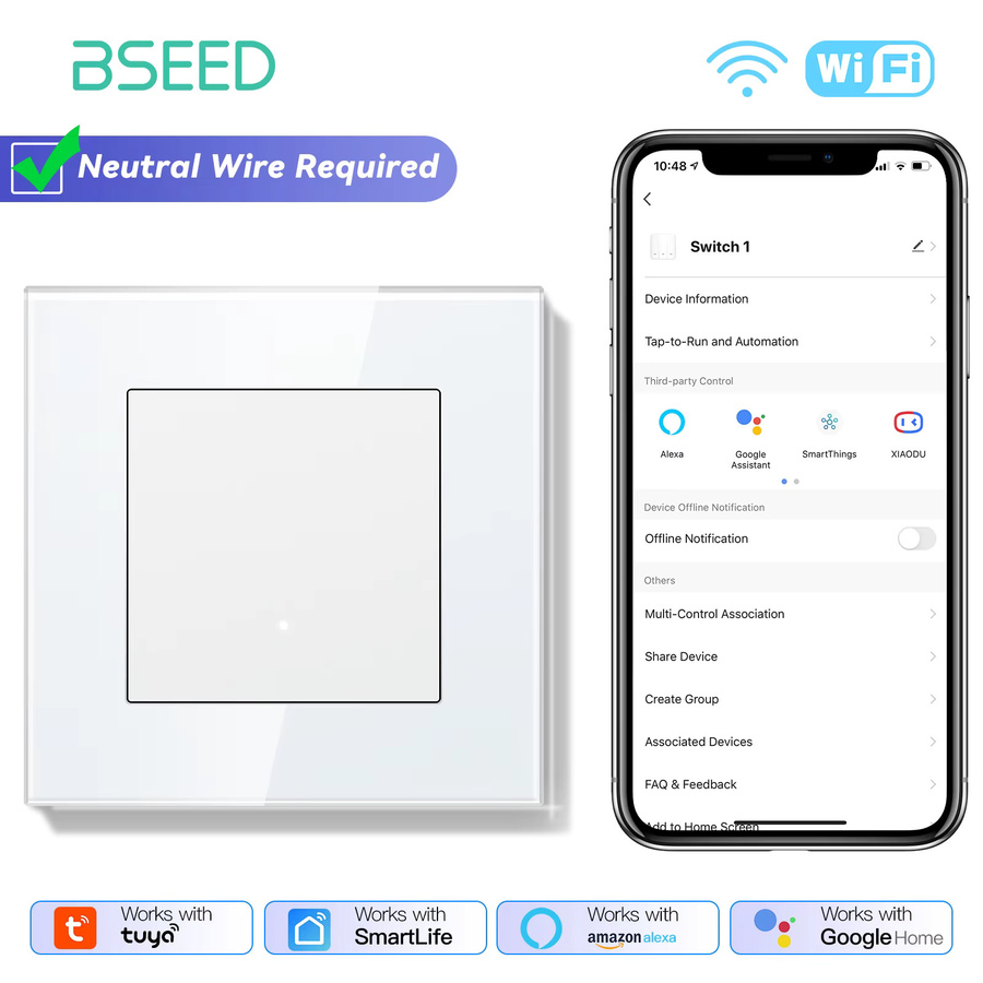 BSEED WLAN Smart-Schalter mit weißem Glasrahmen und gelber Hintergrundbeleuchtung, Tuya App Steuerung, EU-Standard, Neutralleiter erforderlich - Bild 3
