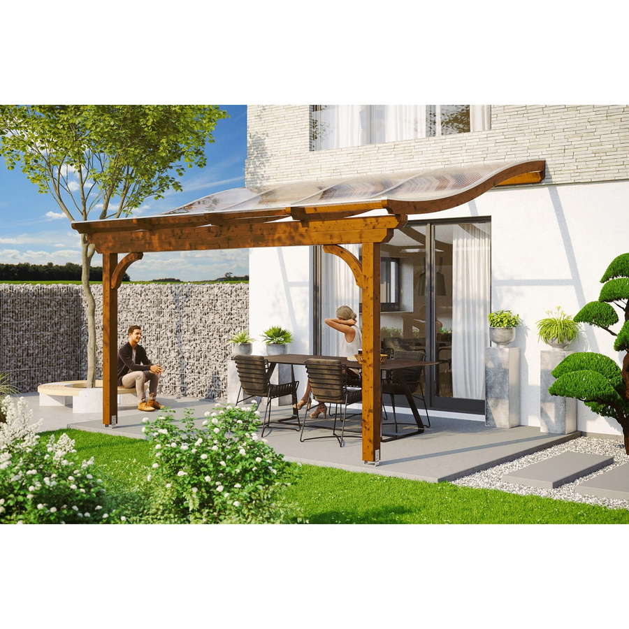 Skan Holz Terrassenüberdachung Verona aus Leimholz in Nussbaum Braun, B/T/H: 434 x 289 cm mit Polycarbonat Dach - Bild 2