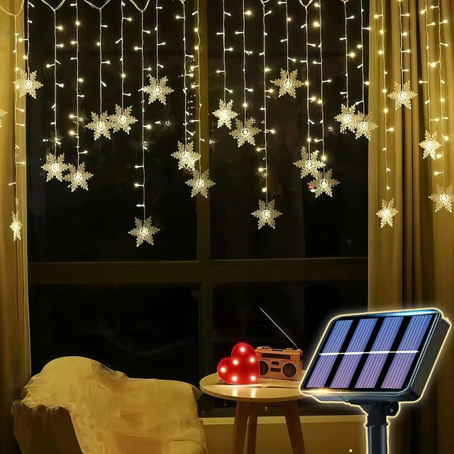 Solarbetriebene Eisstreifen-Schneeflocken-Lichterkette von OKAL RED EAST in Schwarz zur Weihnachtsbaum-Dekoration und winterlichen Stimmungsbeleuchtung - Bild 1