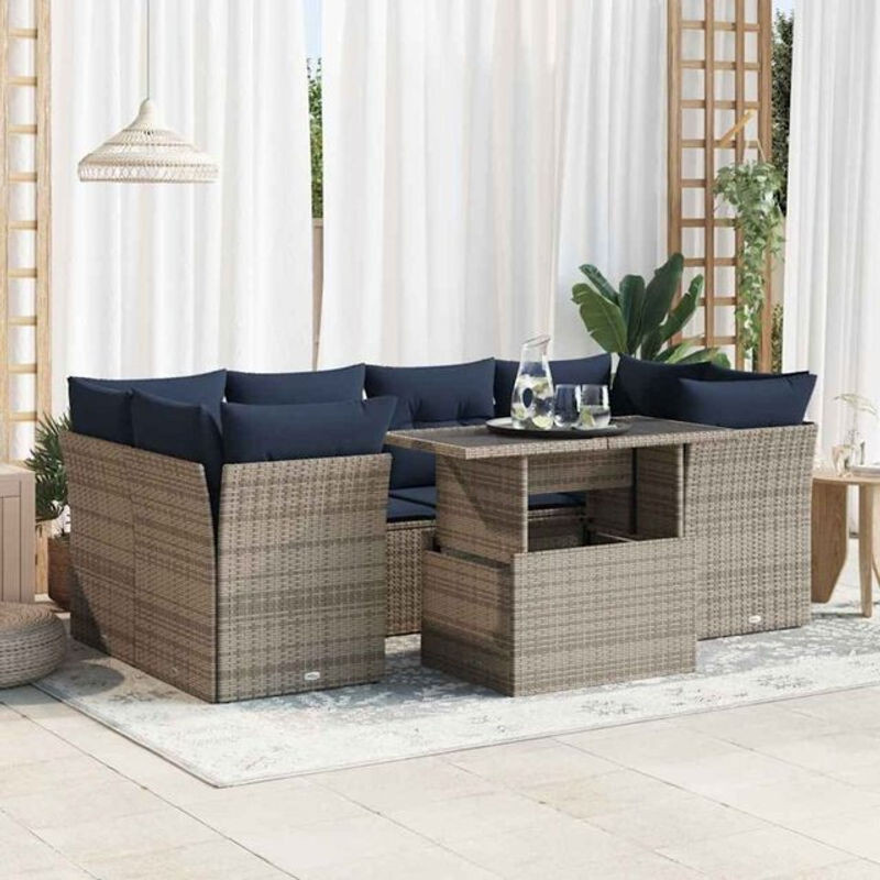 7-tlg. Loungemöbel Garten-Sofagarnitur aus Polyrattan und Akazie mit Kissen in Grau von vidaXL - Bild 1