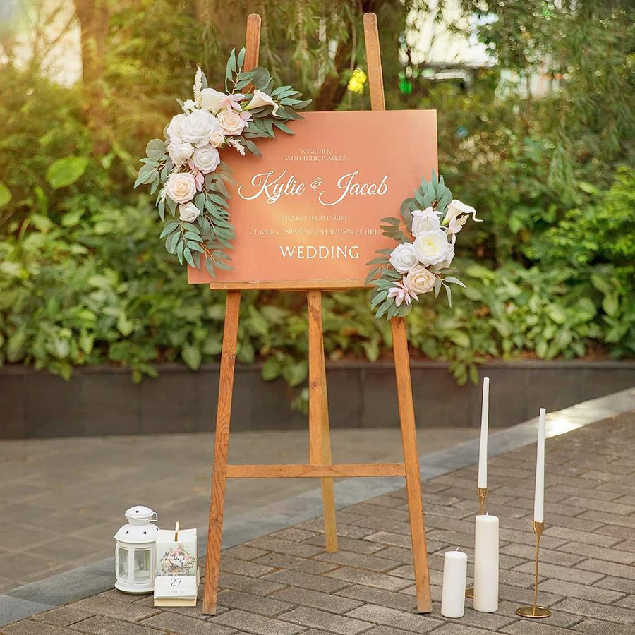 Yannew Künstlicher Hochzeitsbogen im Boho-Stil mit Blumen, Eukalyptus-Girlande und Seidentüchern in Altrosa, Blau und Weiß - Bild 2