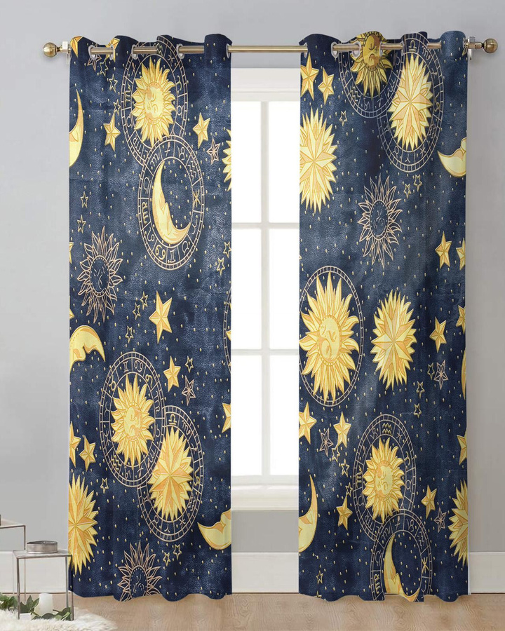 Transparente Tüll-Vorhänge mit Sonne Mond Universum Motiv aus Organza für Wohnzimmer und Küche, Breite: 135 cm, Höhe: 137 cm - Bild 3