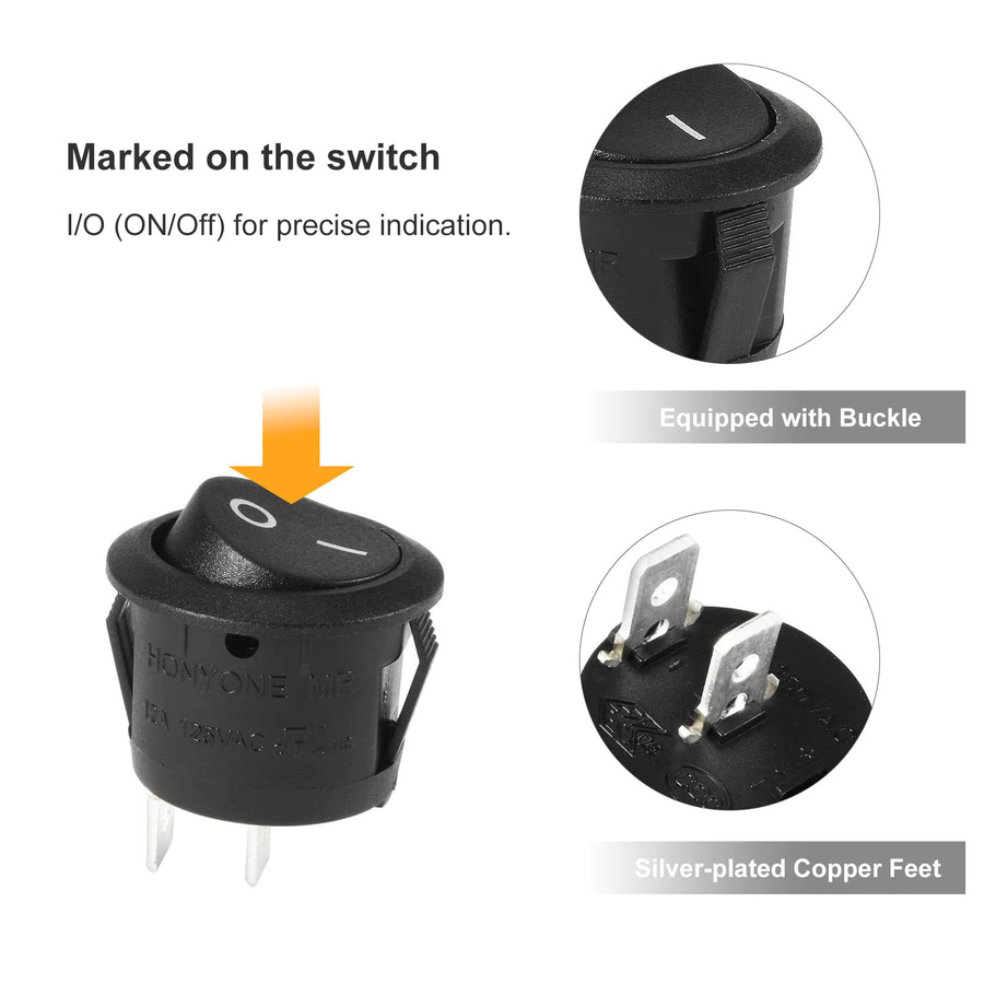 AOKIN Wippschalter Set 10 Stück EIN/Aus/EIN SPDT Snap-in Rundknopf Schwarz 6 A/250 V 10 A/125 V AC für Auto und Boot - Bild 2