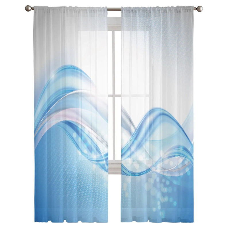 A Family Of Home Textiles Transparenter Tüllvorhang Ripple Blue Curved Art in Weiß und Blau, B: 135 cm, H: 114 cm - Bild 4