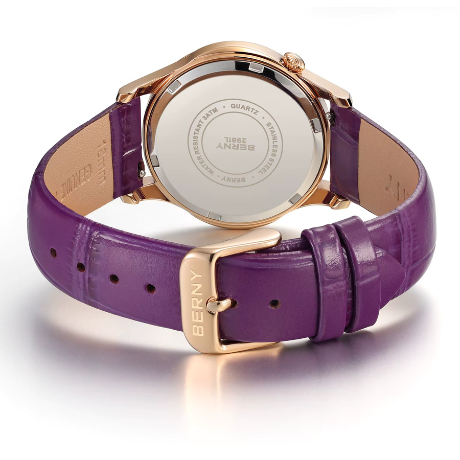 BERNY Armbanduhr Quarz, Roségoldgehäuse, lila, Diamant, Zirkonia, Leder, Damen - Bild 6