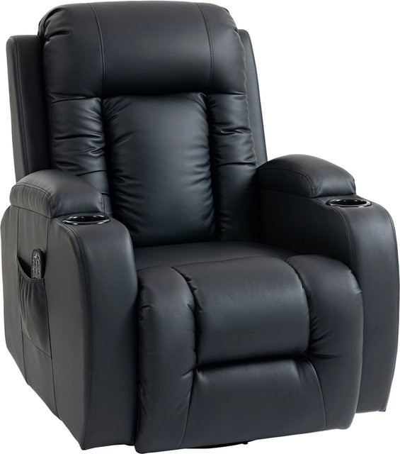 HOMCOM Relaxsessel elektrisch verstellbar mit Massagefunktion, Heizung und Liegefunktion, drehbarer Fernsehsessel mit Wippfunktion, Becherhalter und Seitentasche, Kunstleder, Schwarz - Bild 1