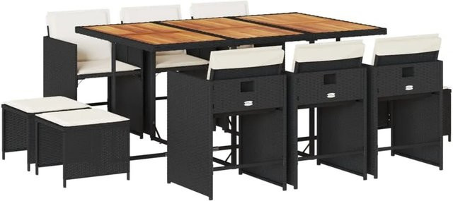vidaXL 11-tlg. Garten-Essgruppe aus PE-Rattan und Akazienholz mit Kissen, Schwarz/Braun - Bild 1