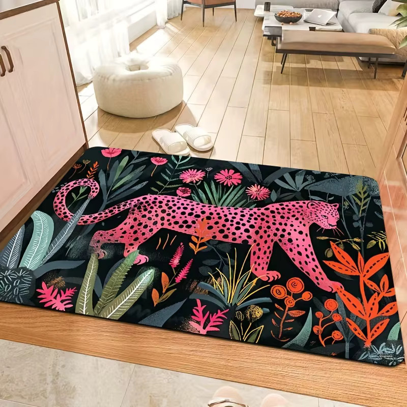 VIKAMA Bodenmatte Vibrant Jungle Pink mit Leopardenmuster, maschinenwaschbar, rechteckig - Bild 4