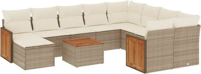 vidaXL 11-tlg. Garten-Sofagarnitur in U-Form aus Poly-Rattan und Akazienholz mit Kissen in Beige - Bild 1